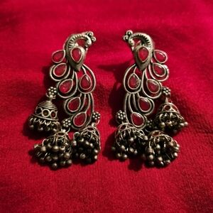 Elegant oxidized Silver Earrings with Red Accents